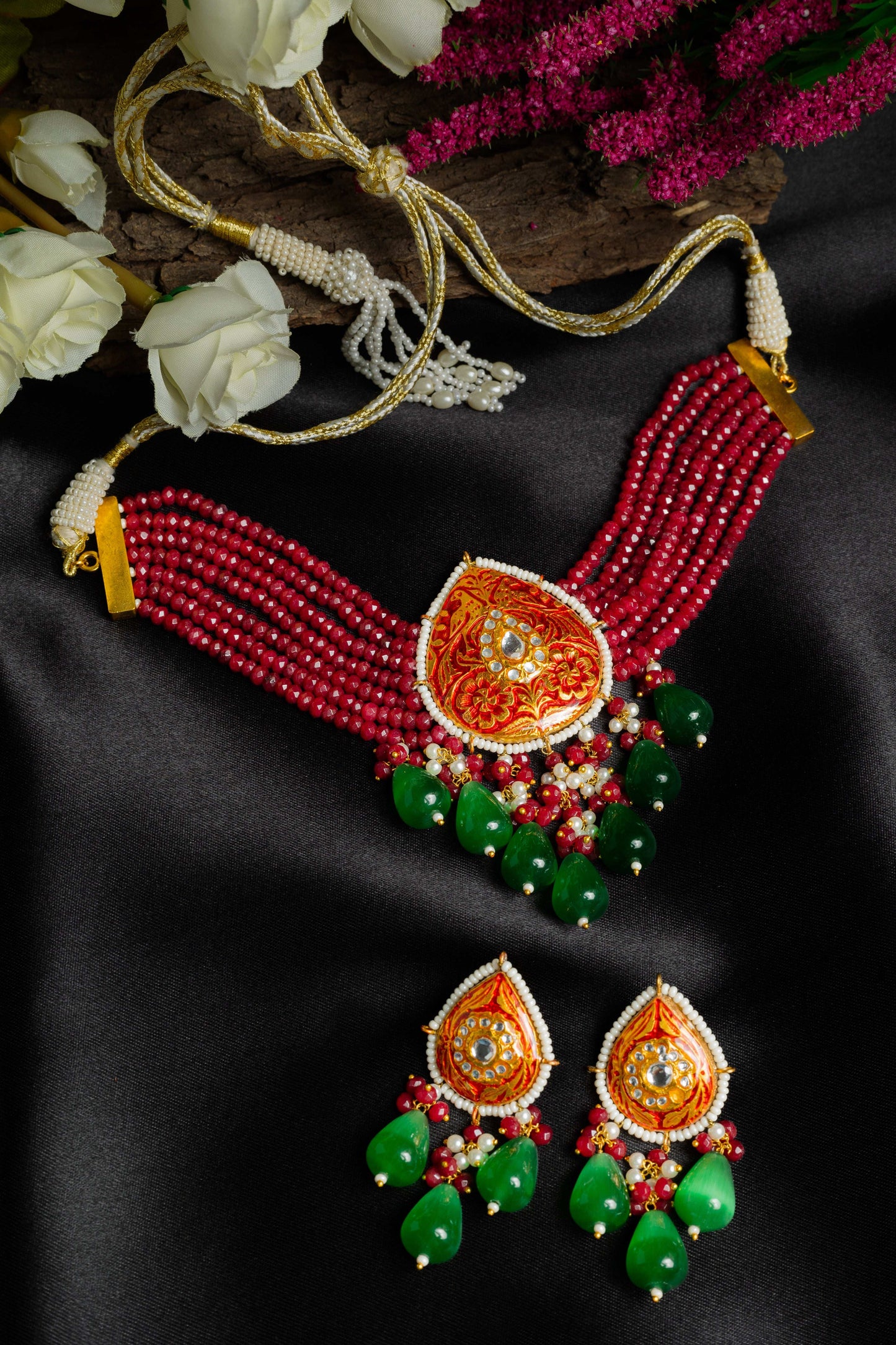 Esthetical Maroon Red Meenakari Necklace Set - Pirohee by parul sharma