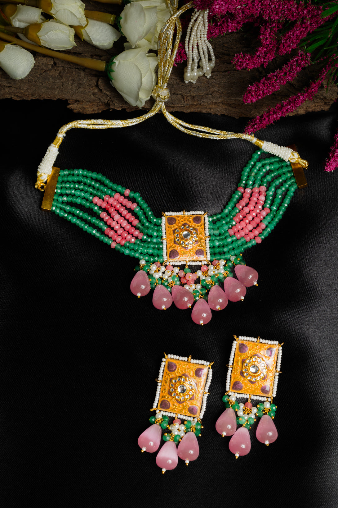 Breathtaking Coral Meenakari Necklace Set - Pirohee by parul sharma