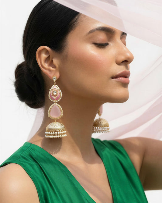 Hoor Pink Jhumka Earrings (Invisible kaan chains included)