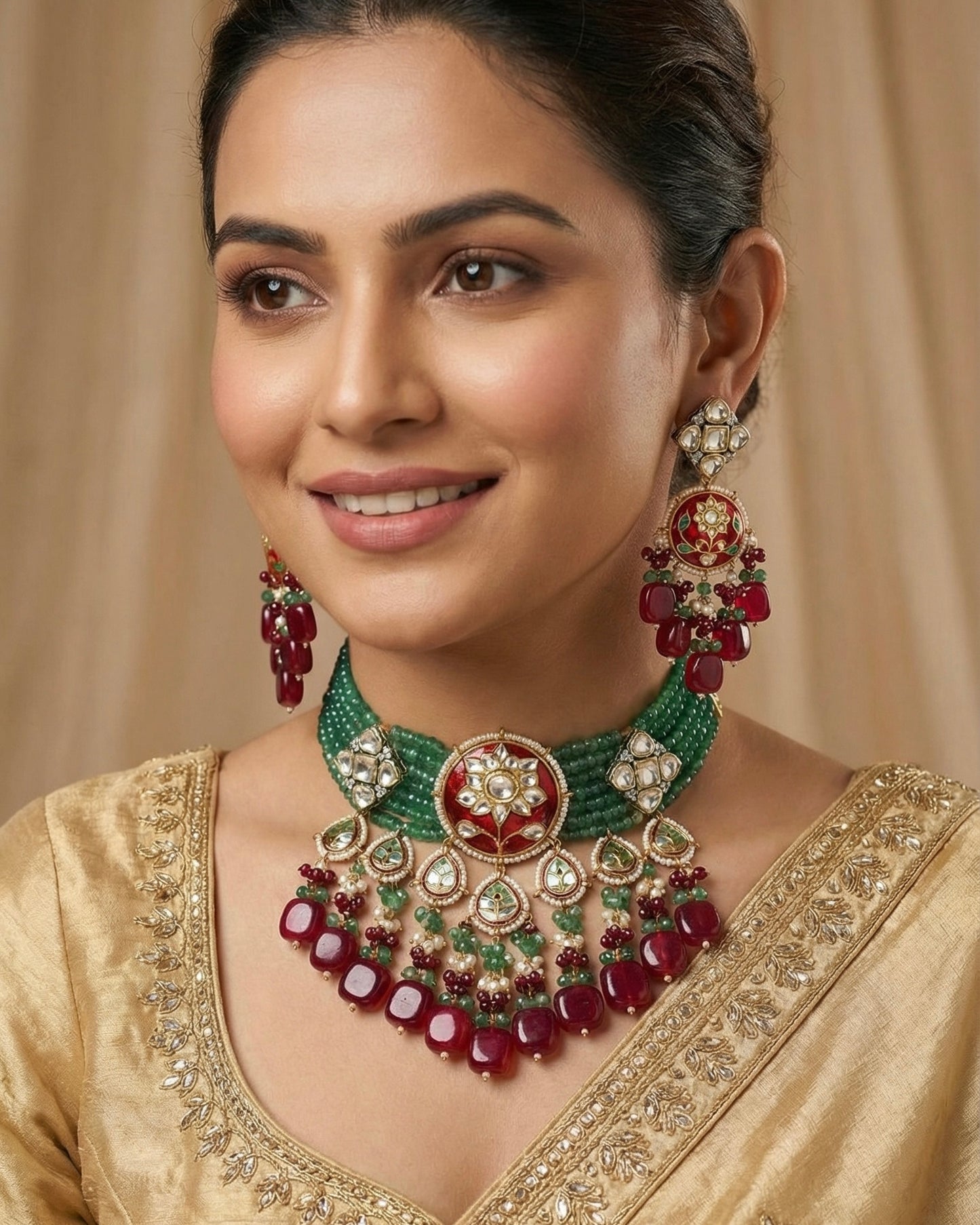 Anisa Red & Green Choker Style Necklace Set