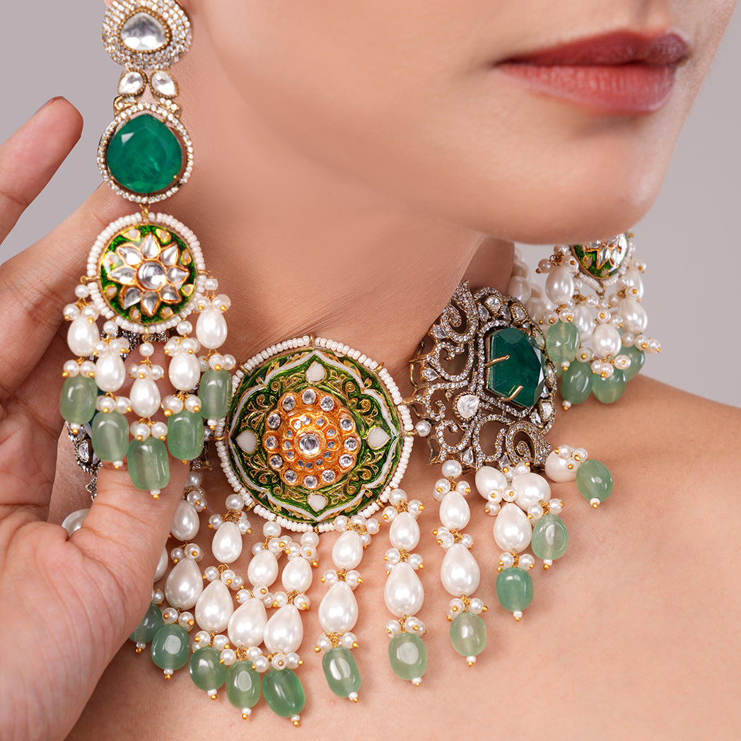 Sheeshbaagh Emerald Royal Meenakari & Pearl Set