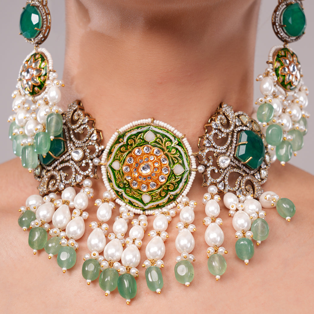 Sheeshbaagh Emerald Royal Meenakari & Pearl Set