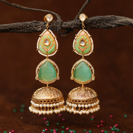 Hoor Mint Jhumka Earrings (Invisible kaan chains included)