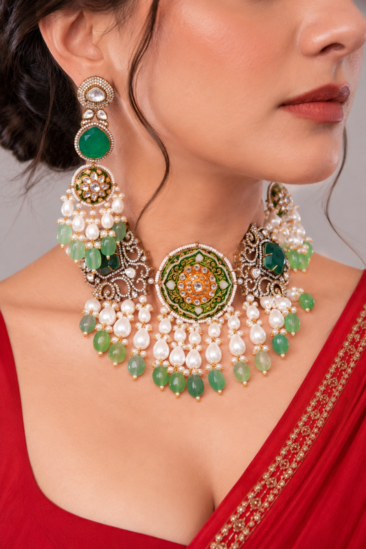 Sheeshbaagh Emerald Royal Meenakari & Pearl Set