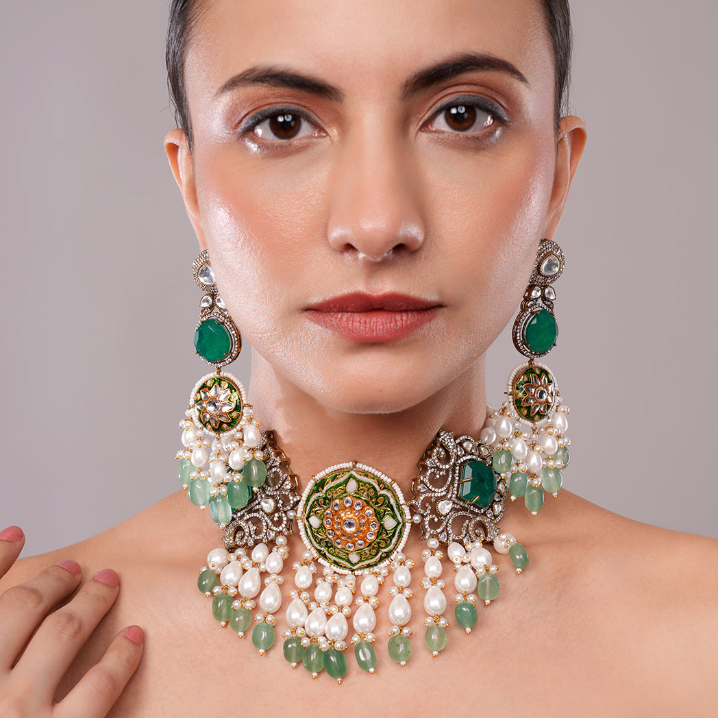 Sheeshbaagh Emerald Royal Meenakari & Pearl Set