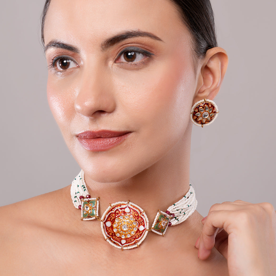 Surmayi Red Meenakari Choker Set