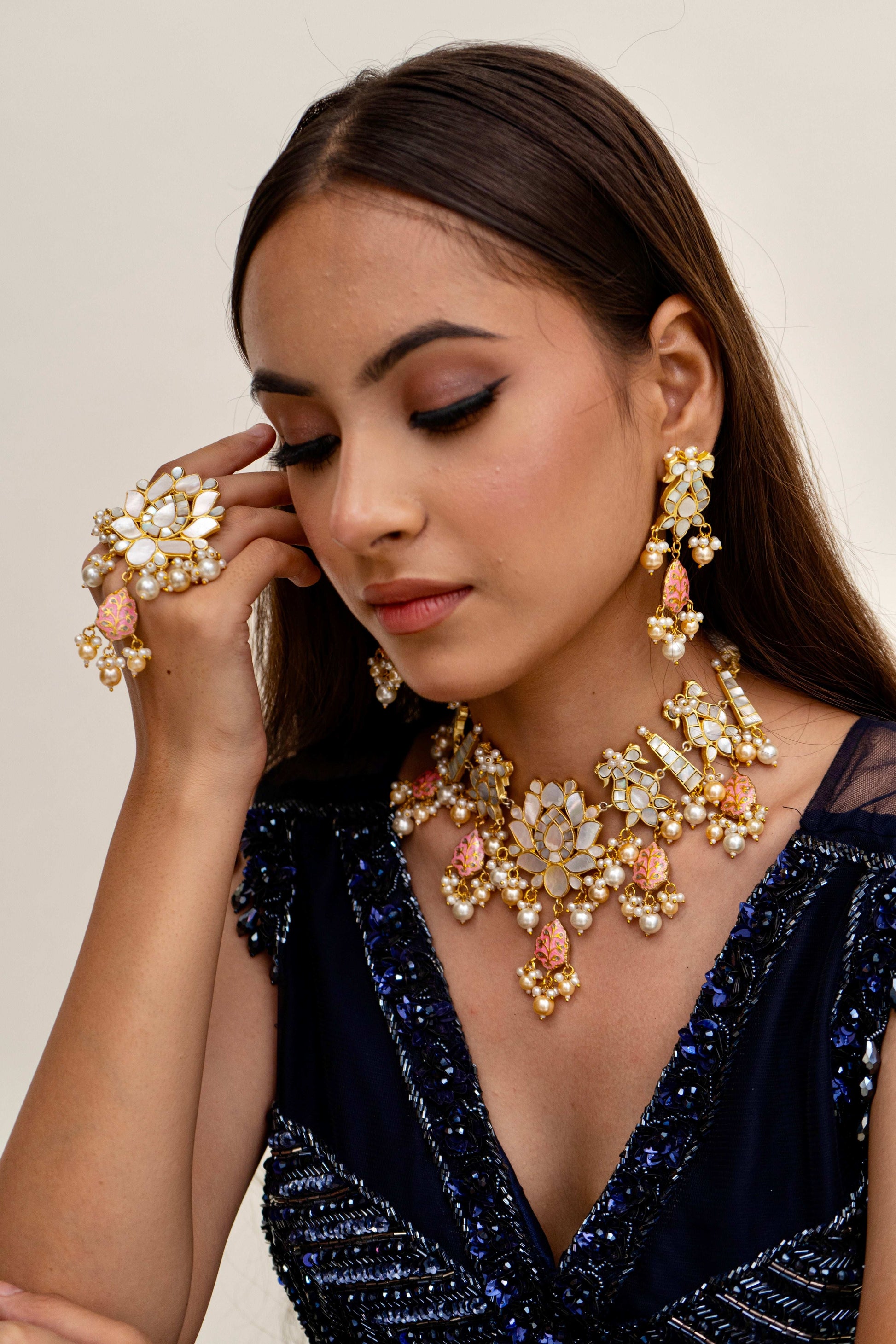 Iman Mother of Pearl Fusion Necklace Set With Ring - Pirohee by parul sharma