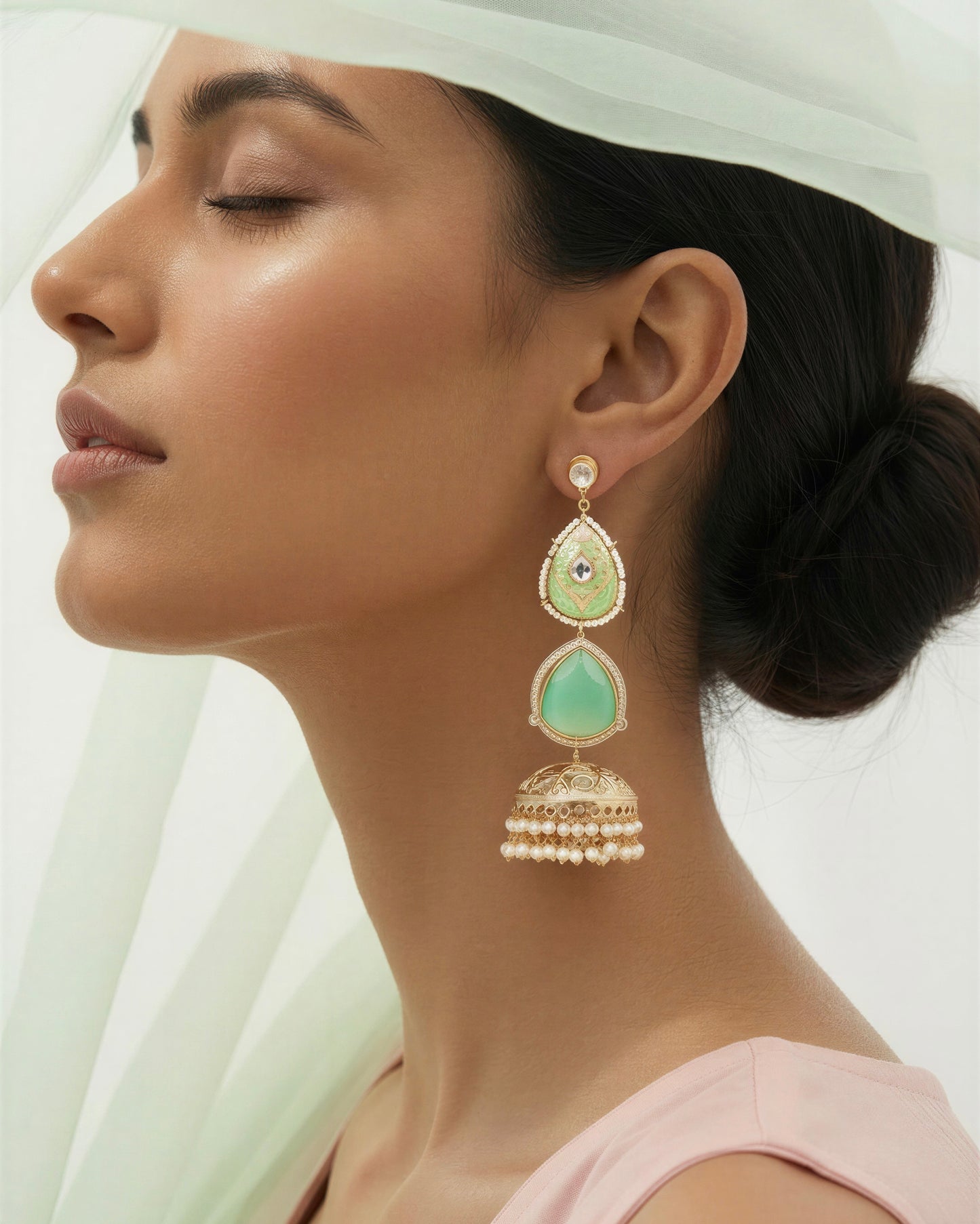 Hoor Mint Jhumka Earrings (Invisible kaan chains included)