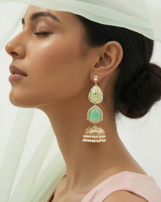 Hoor Mint Jhumka Earrings (Invisible kaan chains included)