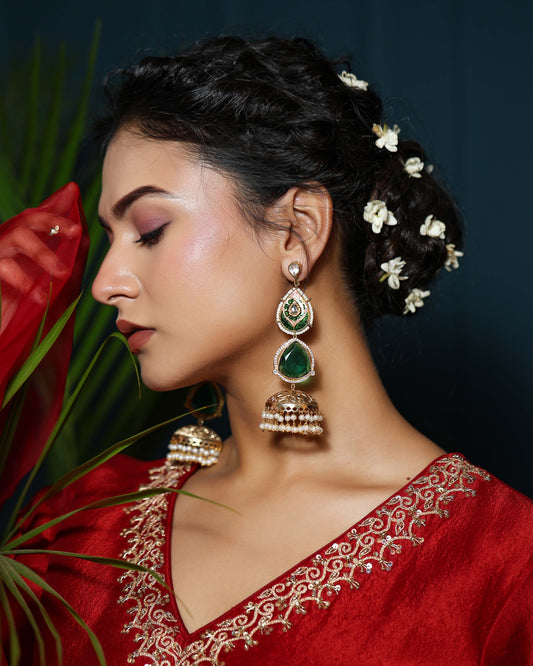 Hoor Green Jhumka Earrings (Invisible kaan chains included)