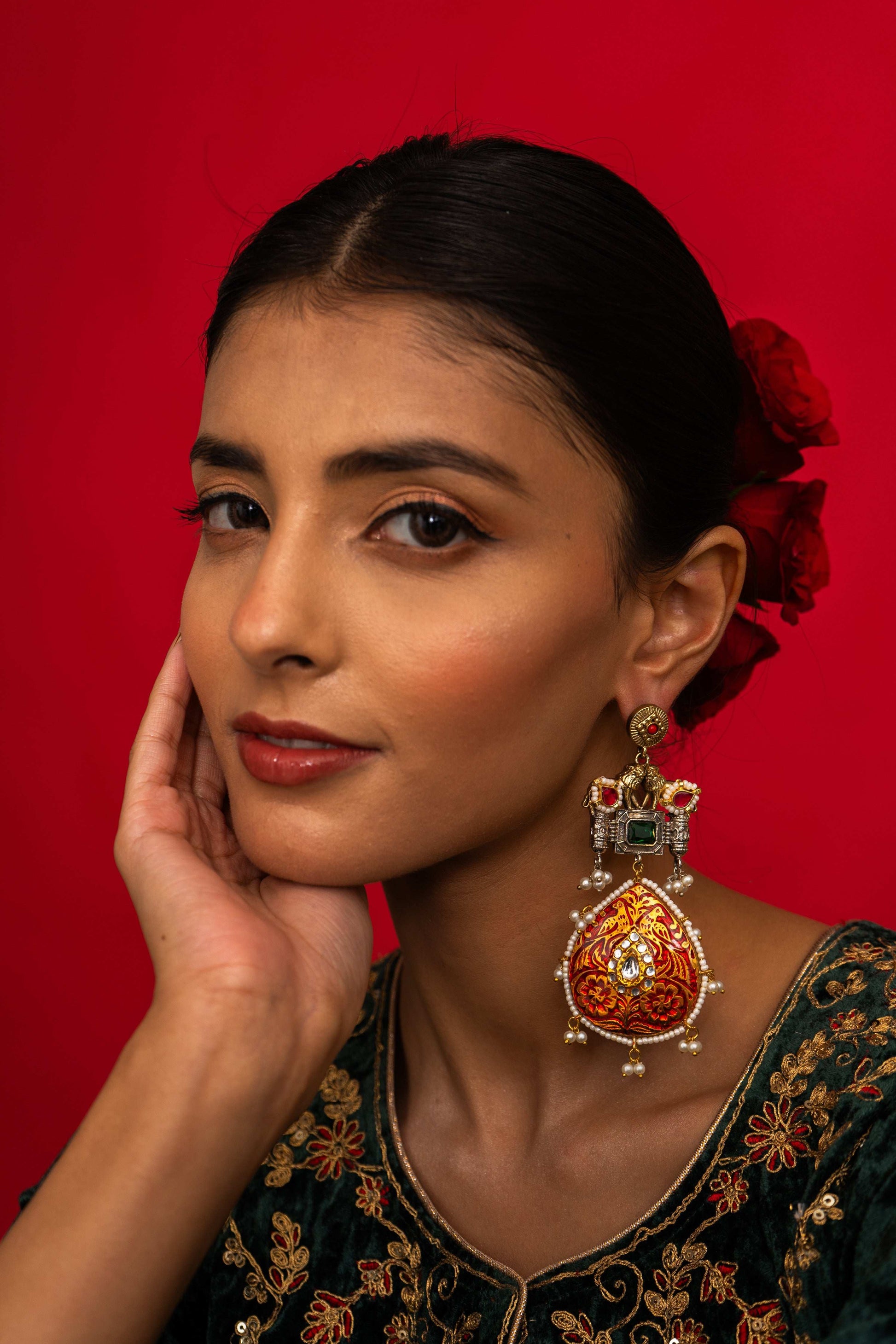 Anika Red Lion Motif Earrings - Pirohee by parul sharma