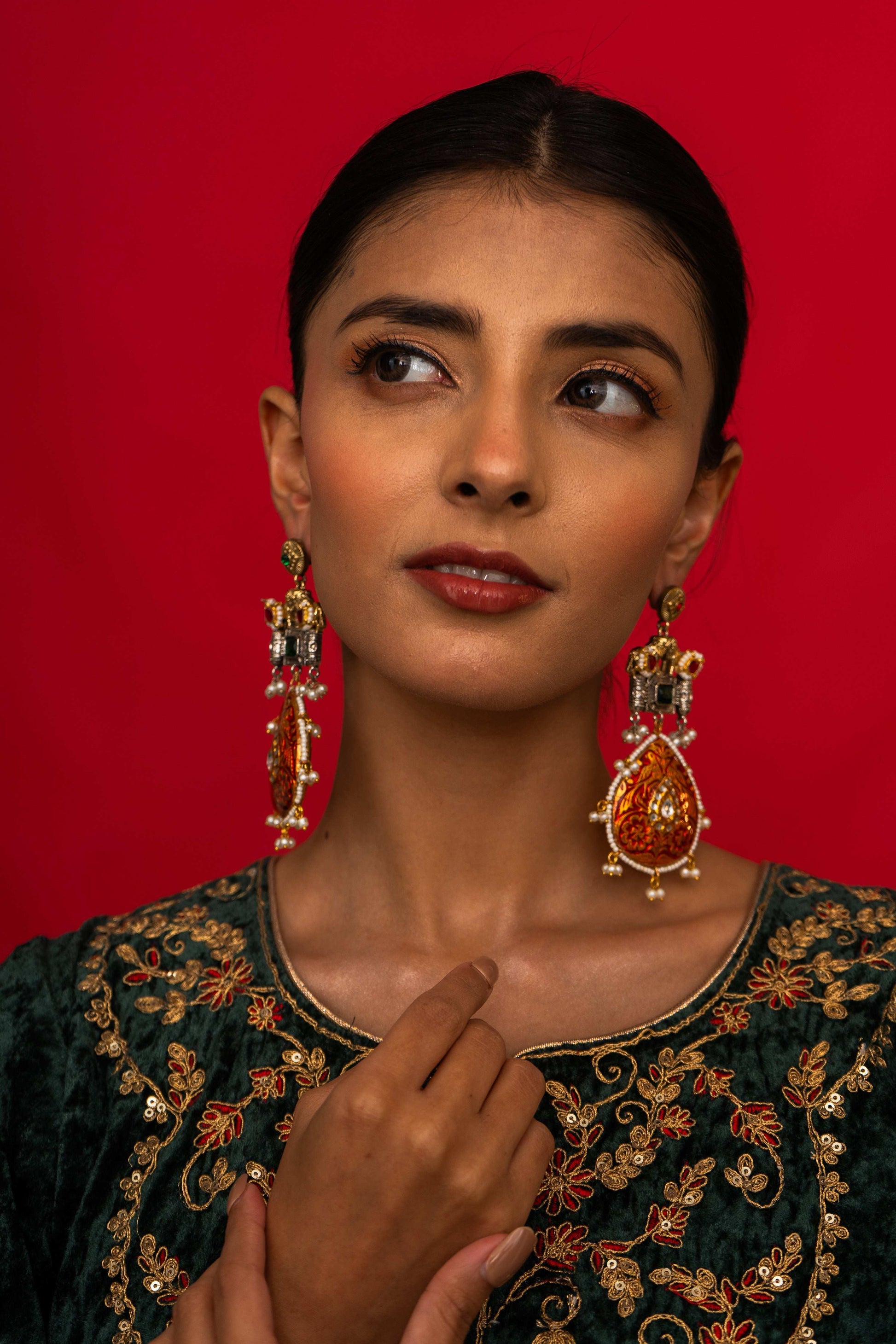 Anika Red Lion Motif Earrings - Pirohee by parul sharma