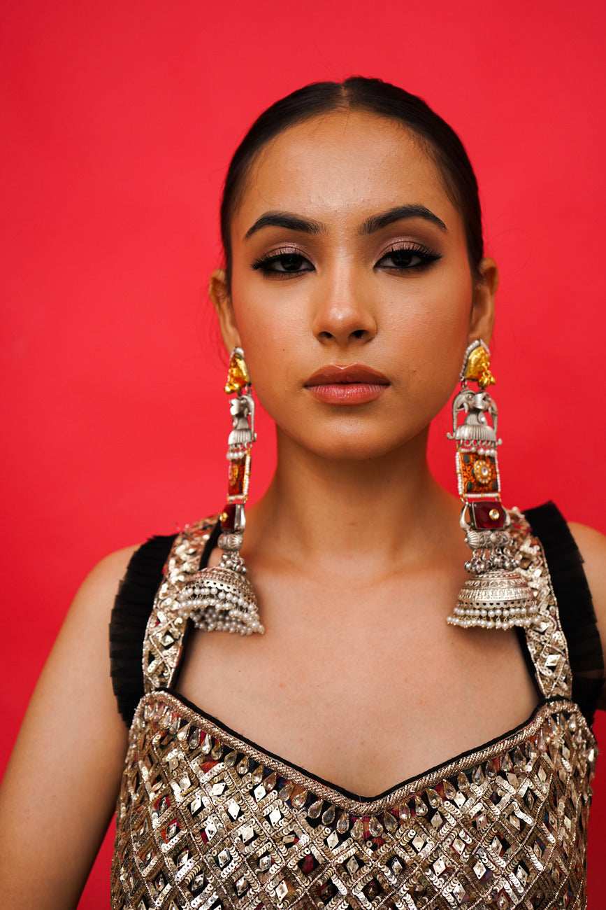 Parveen Red Jadau Jhumka Earrings - Pirohee by parul sharma