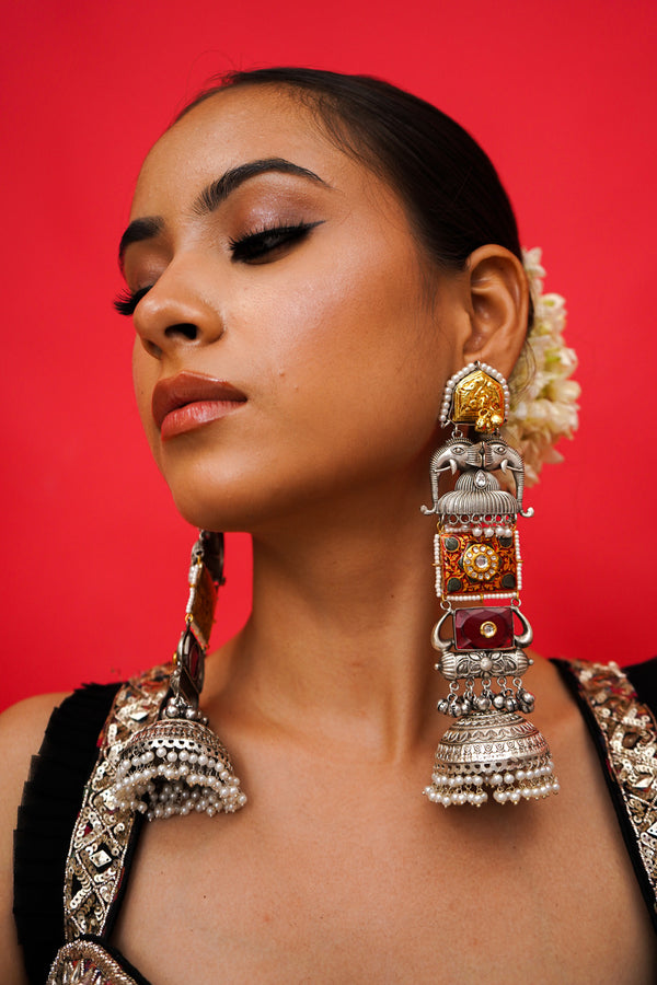 Parveen Red Jadau Jhumka Earrings