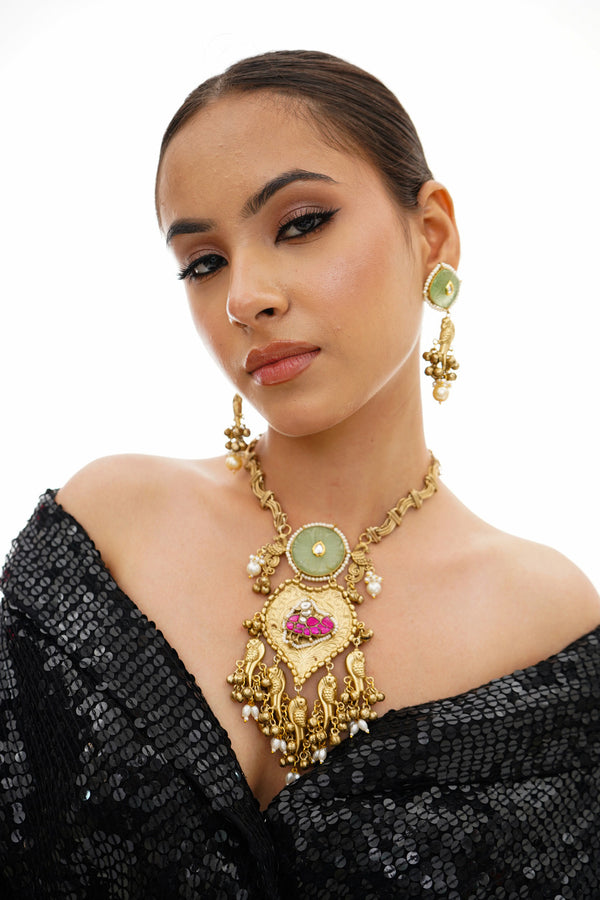 Raasha Multicolour Gold Plated Jadau Kundan Necklace Set