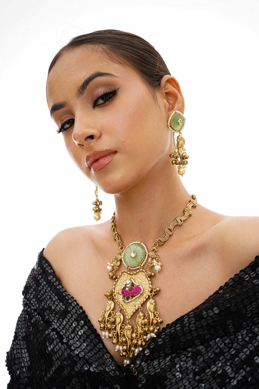 Raasha Multicolour Gold Plated Jadau Kundan Necklace Set - Pirohee by parul sharma