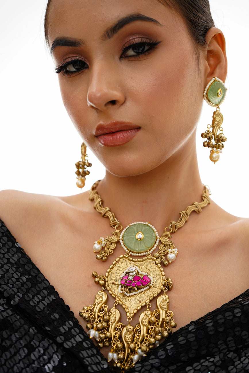 Raasha Multicolour Gold Plated Jadau Kundan Necklace Set - Pirohee by parul sharma