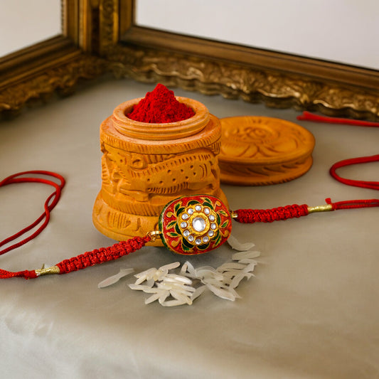 Exquisite Gold Plated Red Kundan Meenakari Rakhi