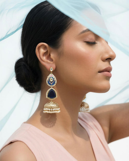 Hoor Blue Jhumka Earrings (Invisible kaan chains included)