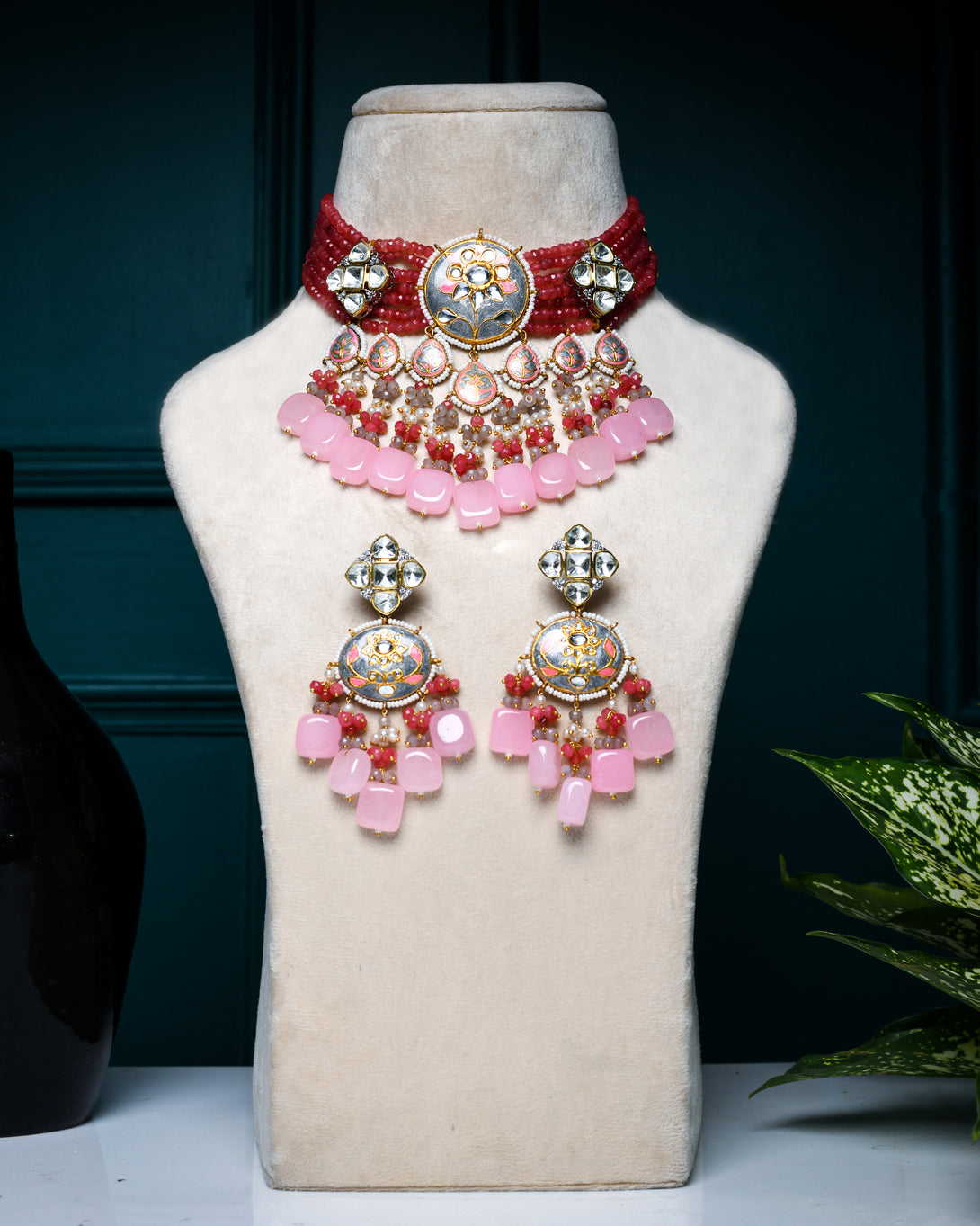 Anisa Grey & Pink Choker Necklace Set - Pirohee by parul sharma