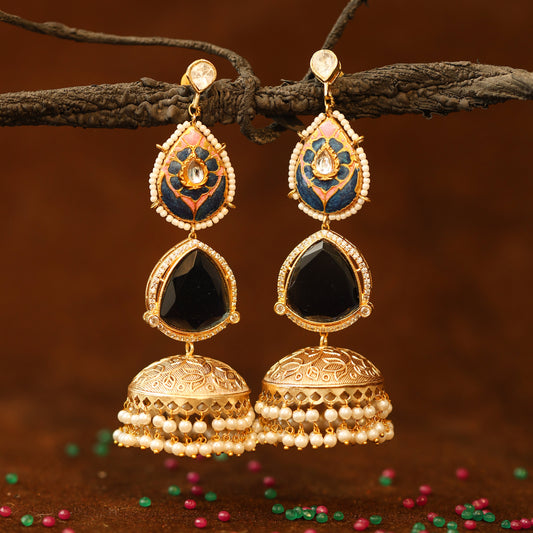 Hoor Blue Jhumka Earrings (Invisible kaan chains included)