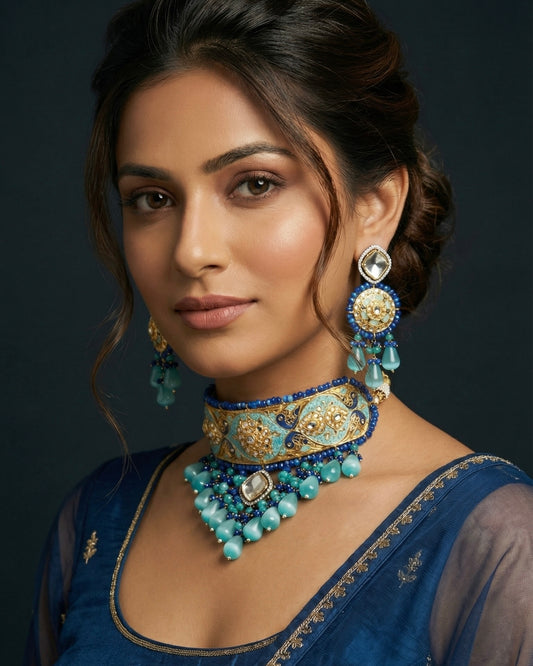 Ruhaniyat Royal Blue Choker Necklace Set