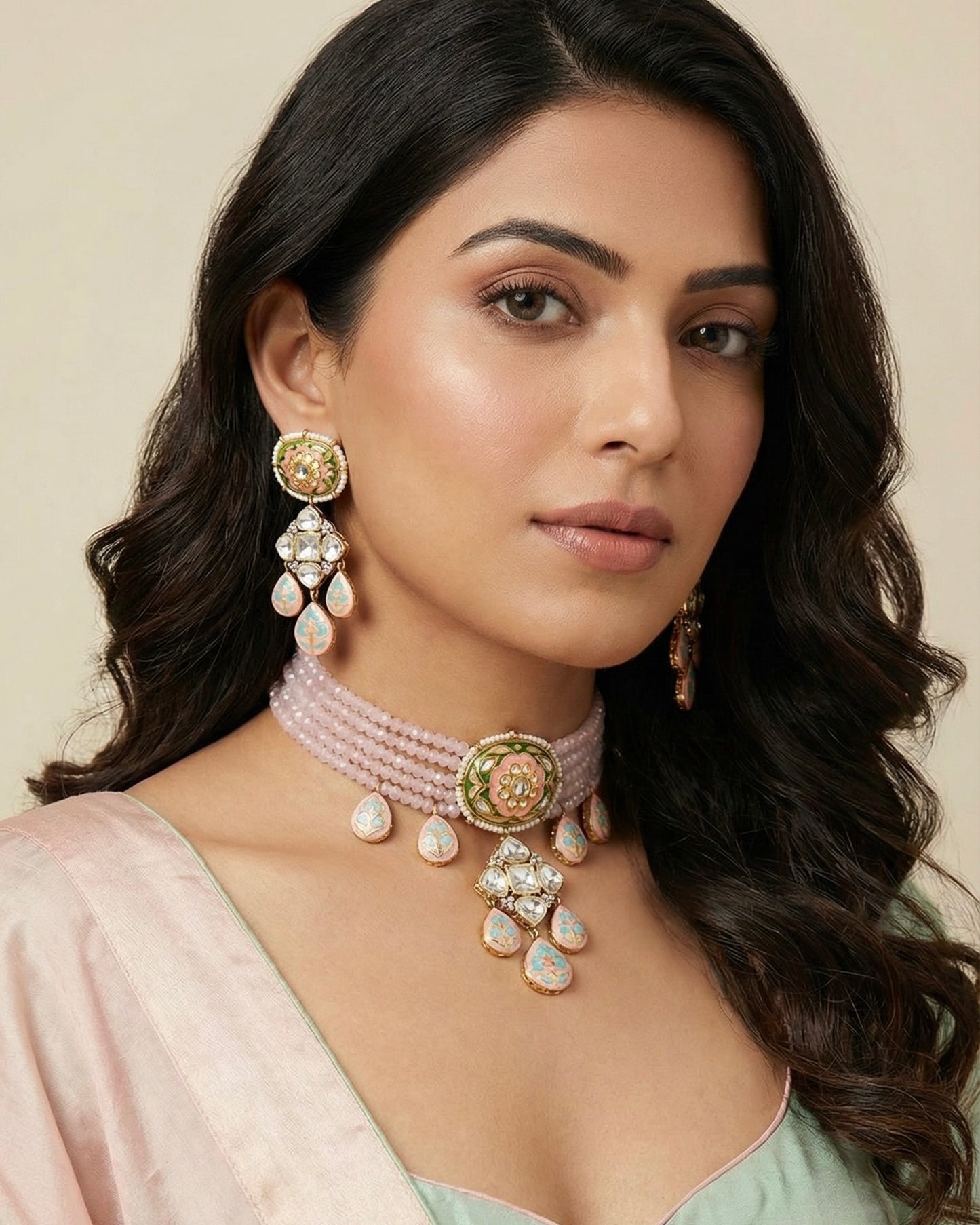 Elegance Redefined: Emerald Green Meenakari and Moissanite Fusion Necklace Set