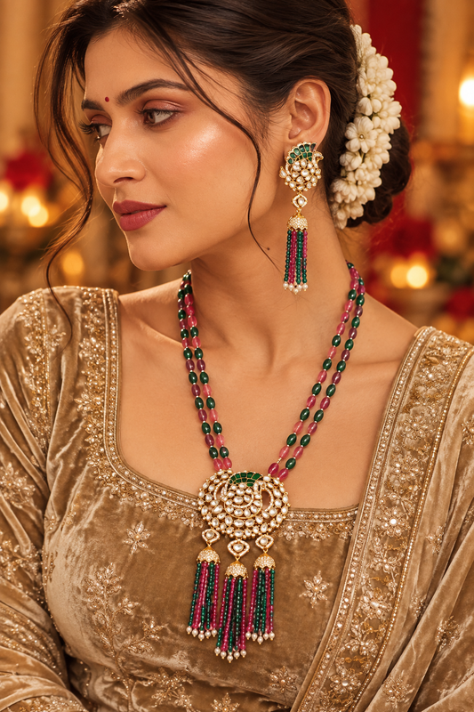 Polki Chand Haar with Emerald & Ruby Beads