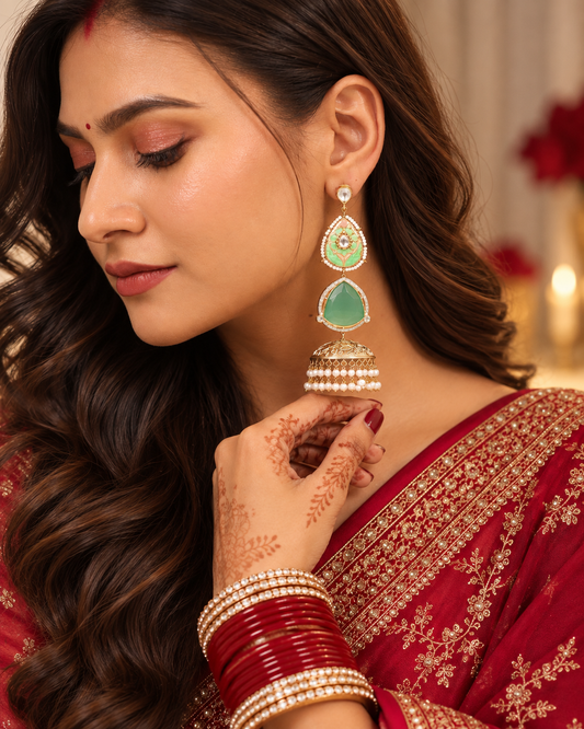 Hoor Mint Jhumka Earrings (Invisible kaan chains included)