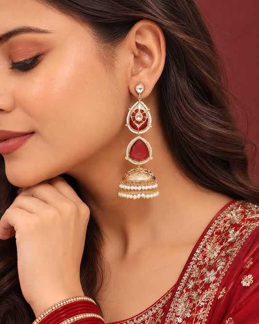 Hoor Red Jhumka Earrings (Invisible kaan chains included)