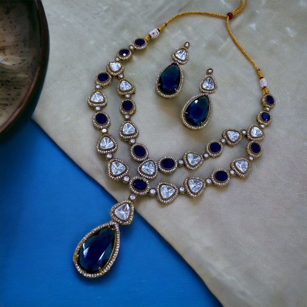 Arisha Double Layer Polki Necklace Set - Dark Blue