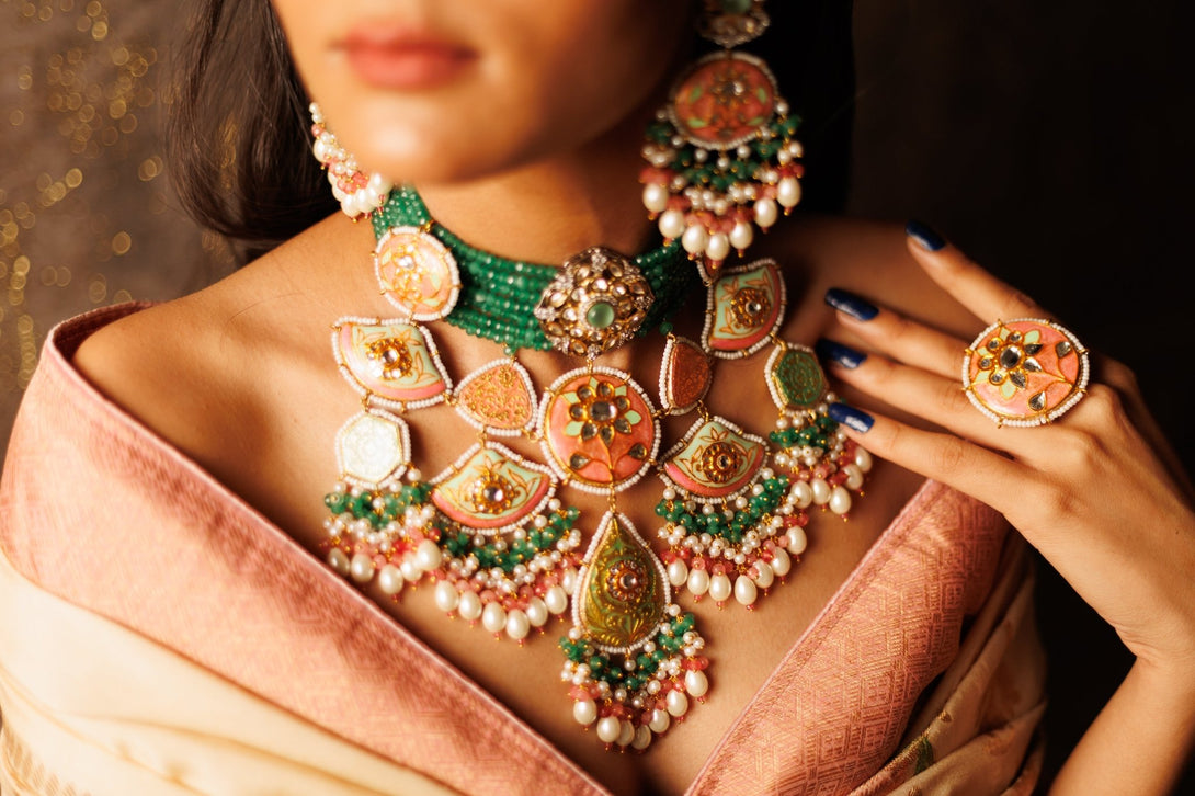 Aafreen Multicolour Bridal Set With Tika & Ring - Pirohee by parul sharma