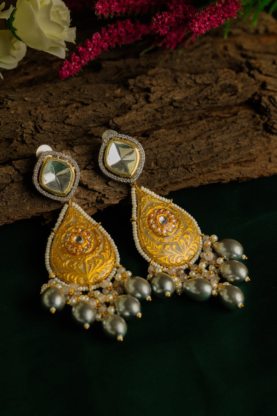 Adah Moon Grey Polki Earrings - Pirohee by parul sharma