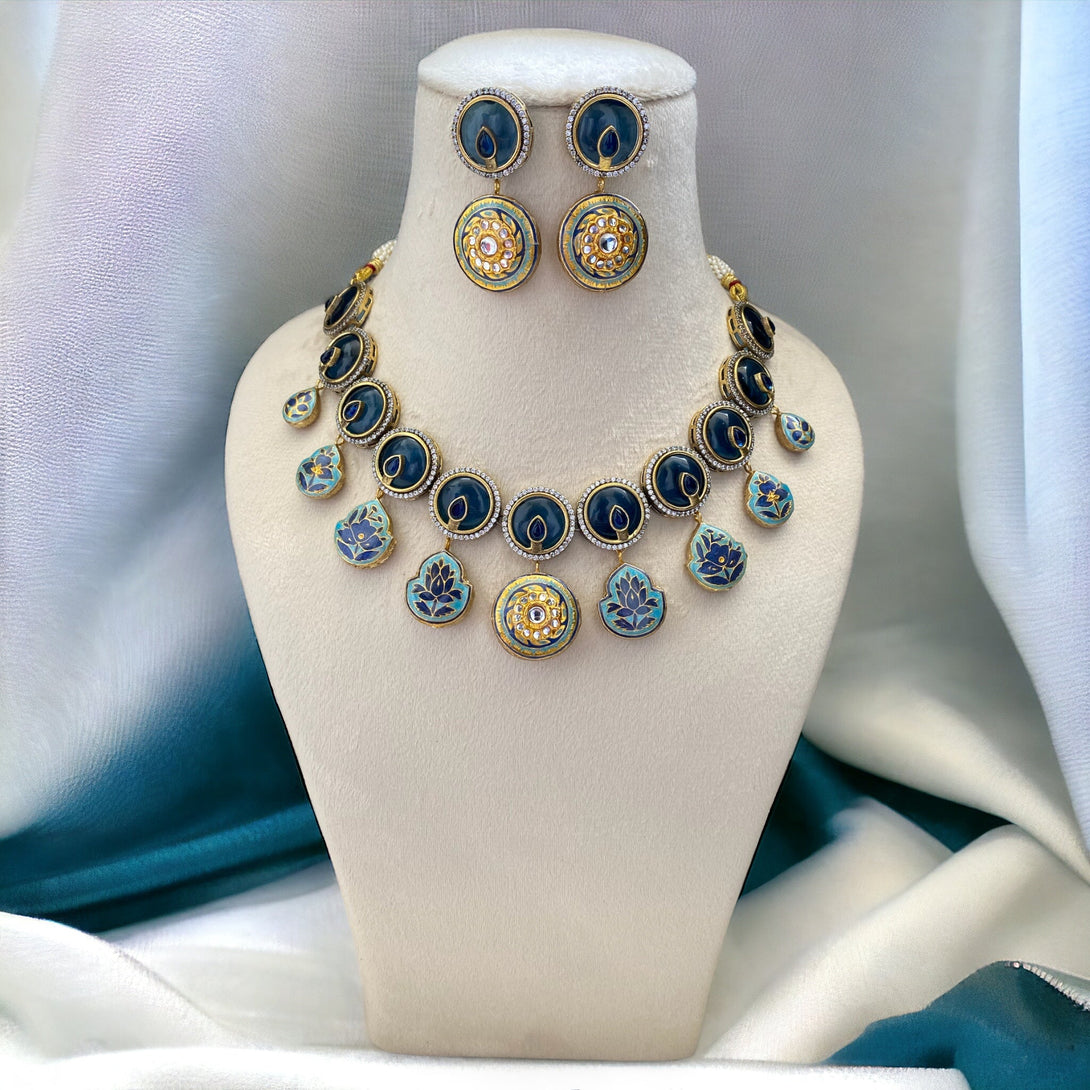 Amna Dark Blue Fusion Necklace Set - Pirohee by parul sharma