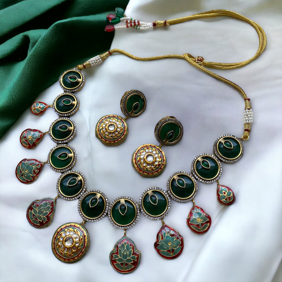 Amna Emerald Green Fusion Necklace Set - Pirohee by parul sharma