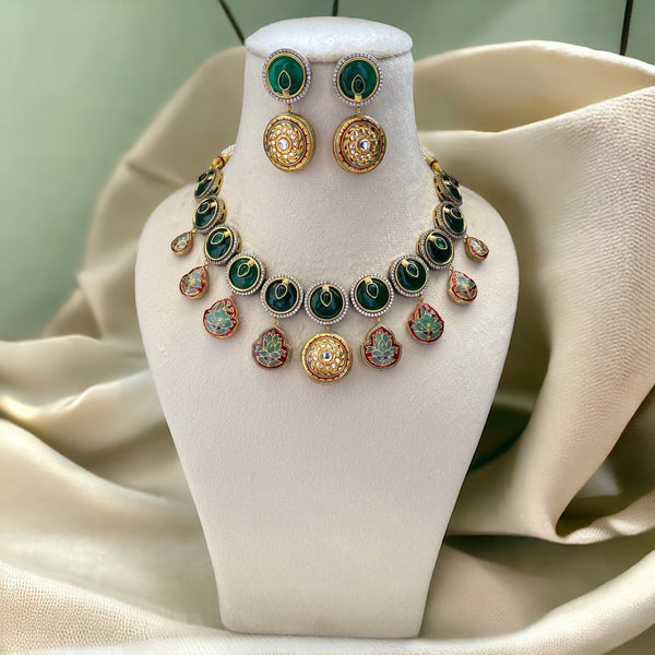 Amna Emerald Green Fusion Necklace Set - Pirohee by parul sharma