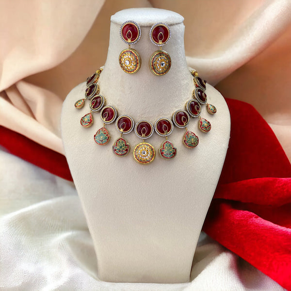 Amna Ruby Red Fusion Necklace Set - Pirohee by parul sharma