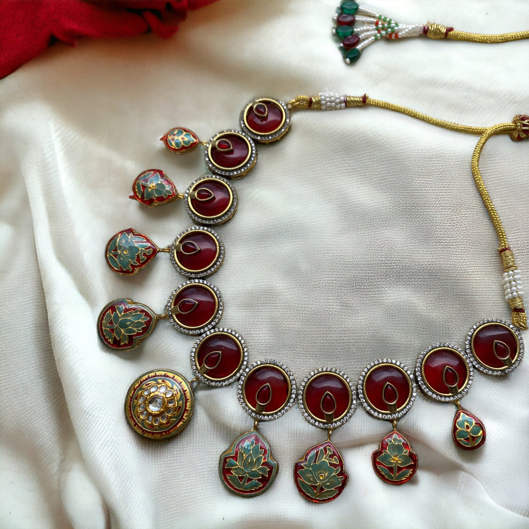 Amna Ruby Red Fusion Necklace Set - Pirohee by parul sharma