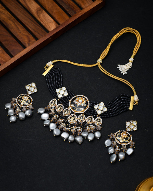 Anisa Black & Grey Choker Style Necklace Set - Pirohee by parul sharma