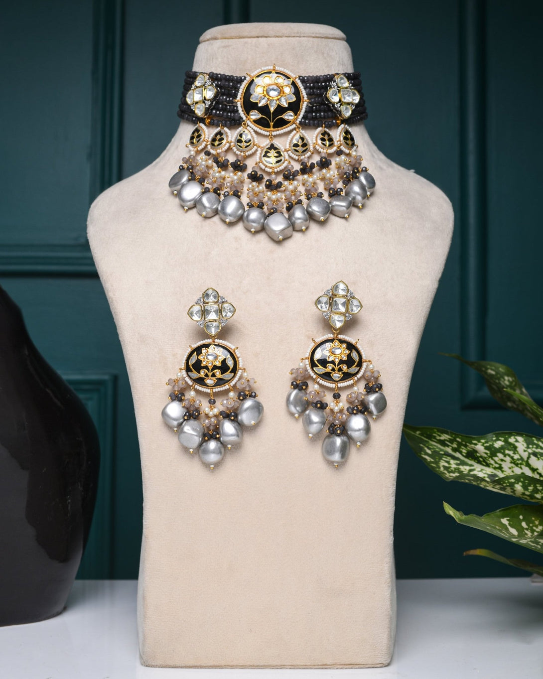 Anisa Black & Grey Choker Style Necklace Set - Pirohee by parul sharma