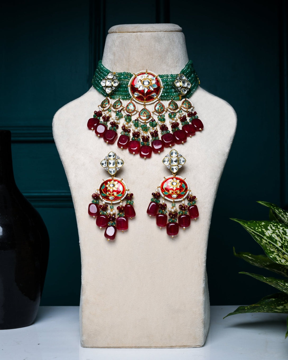 Anisa Red & Green Choker Style Necklace Set - Pirohee by parul sharma