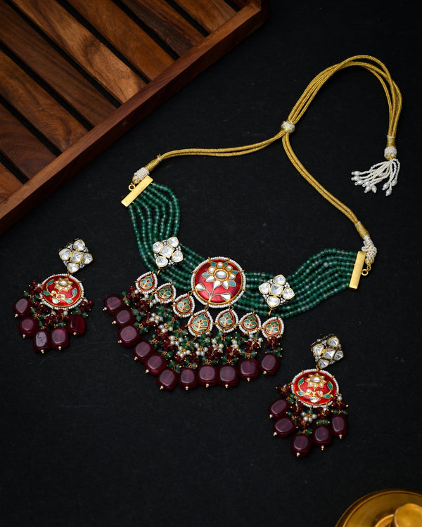 Anisa Red & Green Choker Style Necklace Set - Pirohee by parul sharma