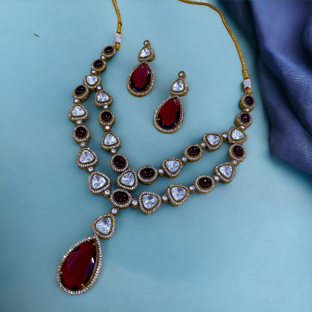 Arisha Double Layer Polki Necklace Set - Maroon Red - Pirohee by parul sharma