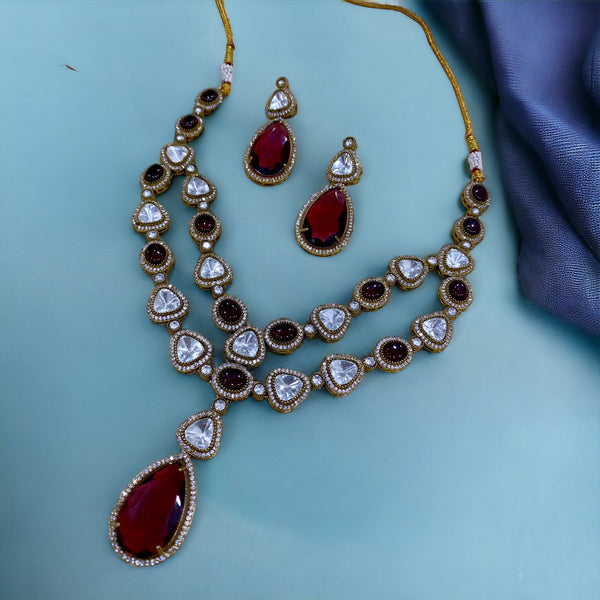 Arisha Double Layer Polki Necklace Set - Maroon Red - Pirohee by parul sharma