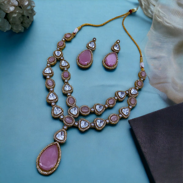 Arisha Double Layer Polki Necklace Set - Pink - Pirohee by parul sharma