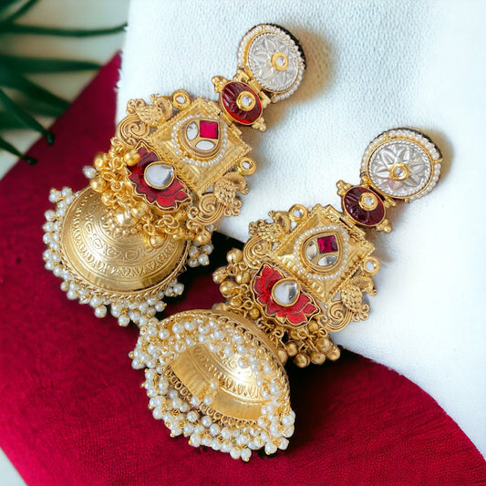 Gulnar Red Jhumka Earrings - Pirohee by parul sharma