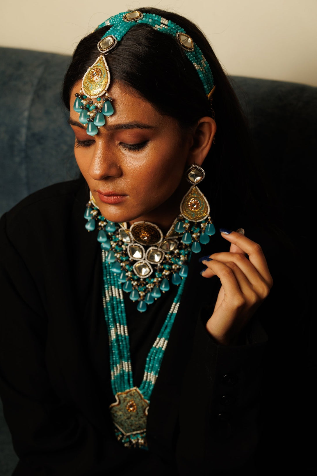 Khawbeeda Turquoise Bridal Necklace Set With Sheesh Patti - Pirohee by parul sharma