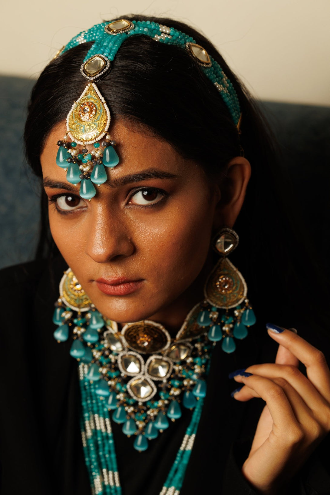 Khawbeeda Turquoise Bridal Necklace Set With Sheesh Patti - Pirohee by parul sharma