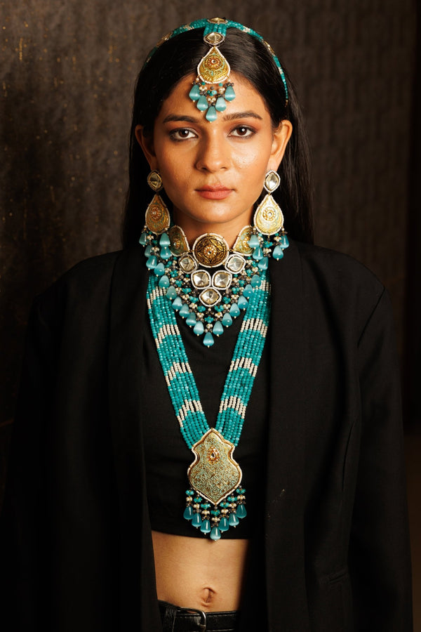 Khawbeeda Turquoise Bridal Necklace Set With Sheesh Patti - Pirohee by parul sharma