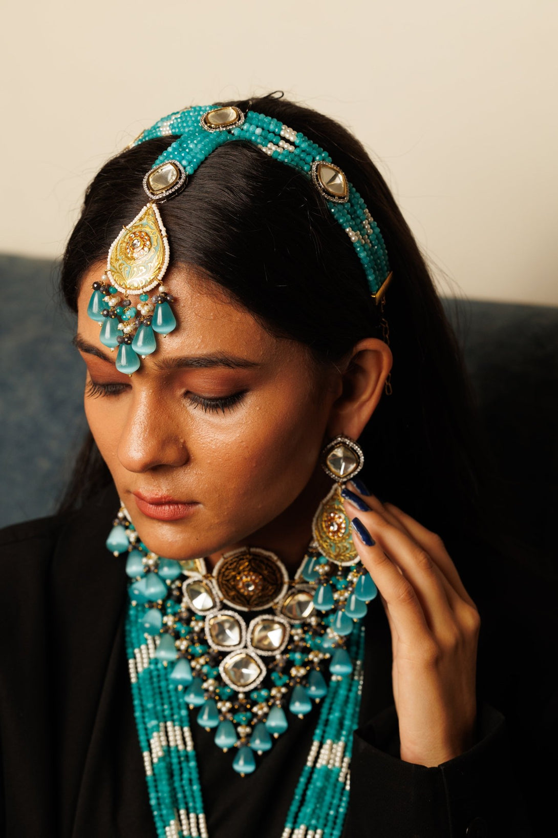 Khawbeeda Turquoise Bridal Necklace Set With Sheesh Patti - Pirohee by parul sharma